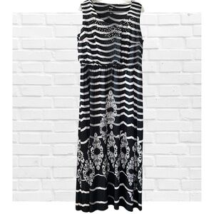 Style & Co 1X Empire Waist Maxi Dress Black White Metallic Stud Geometric Stripe
